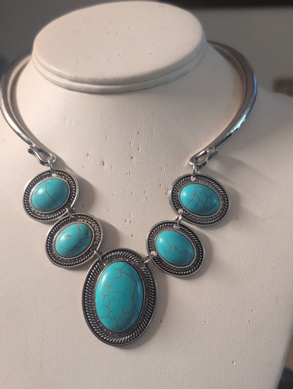 Faux Turquoise Statement Necklace - Silver-Tone Five Oval Pendant